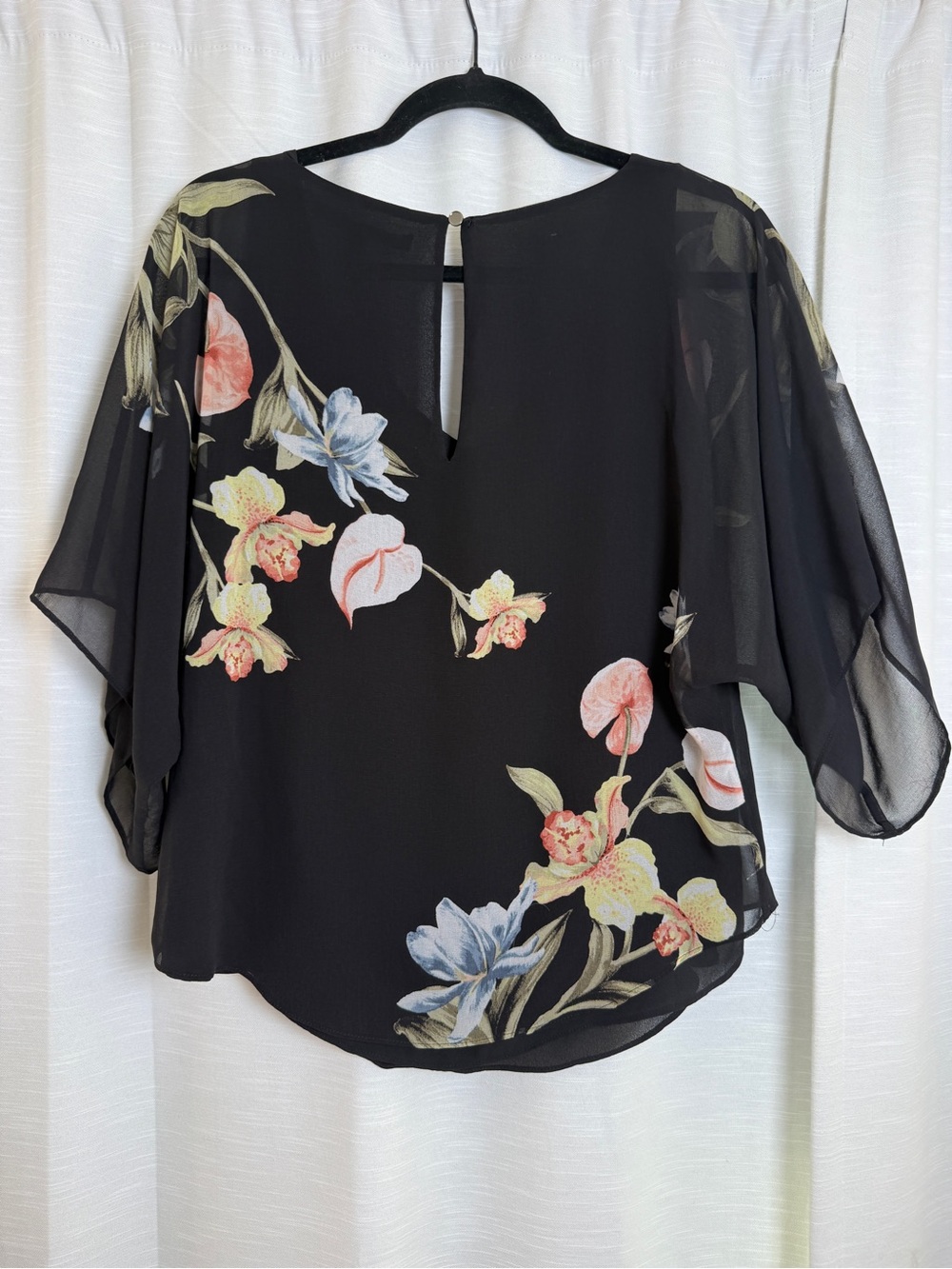 White House Black Market Black Floral Chiffon Blouse | Size XS - Picture 7 of 12